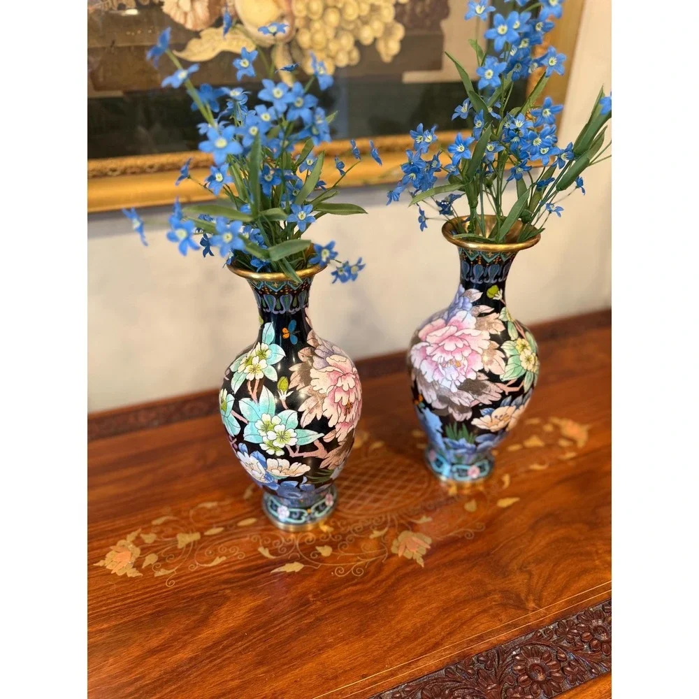 Vintage Cloisonné Peony Vase Pair‎ - 10.25